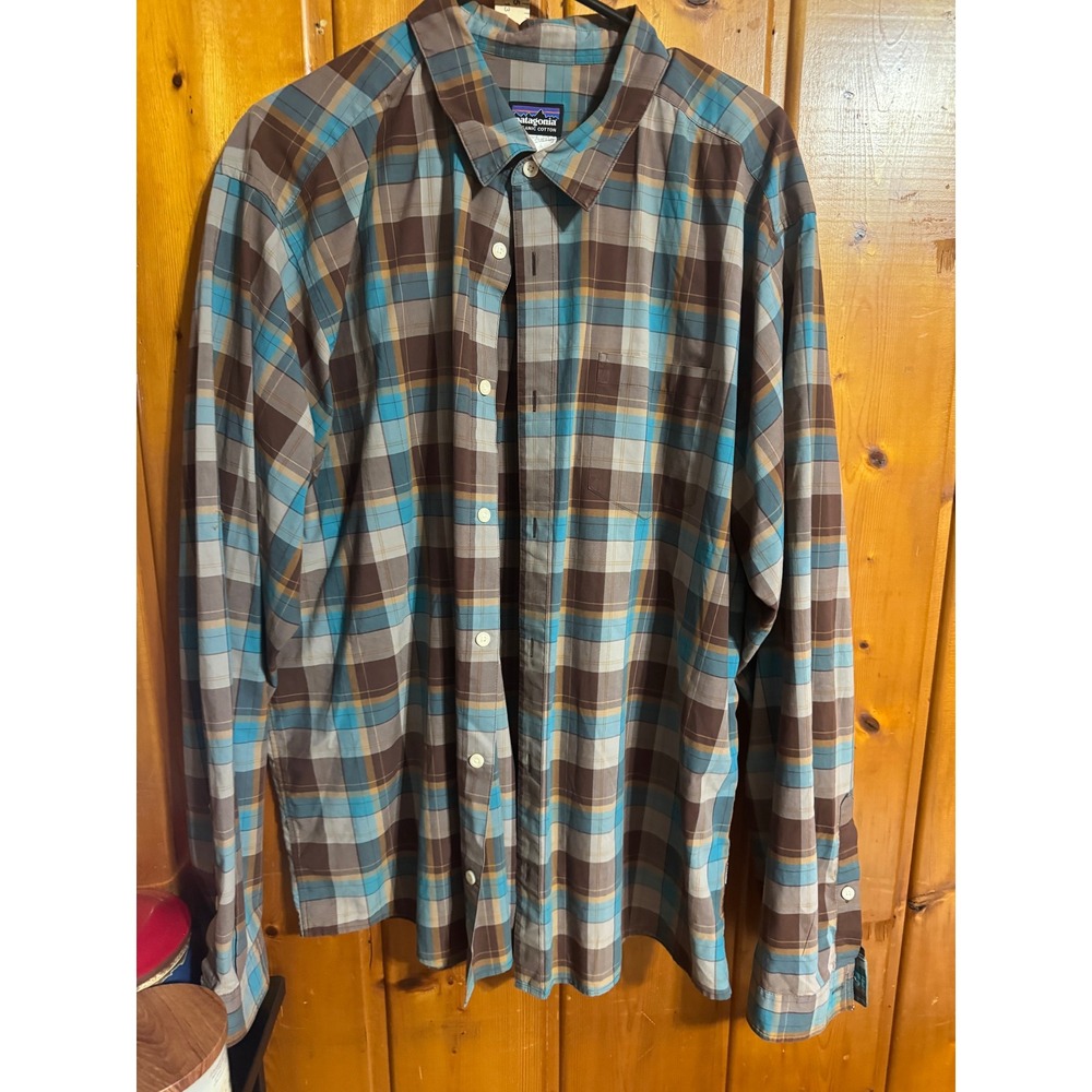 Patagonia Mens Organic Cotton Plaid Button Down Long Sleeve Shirt Brown Blue XL